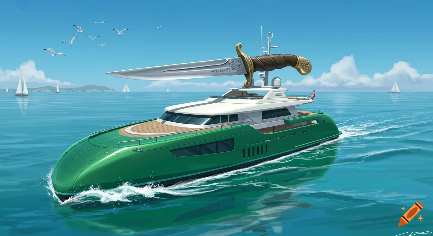 Digital illustration of a large green yacht with a giant ornate dagger on its deck, sailing on a blue sea.