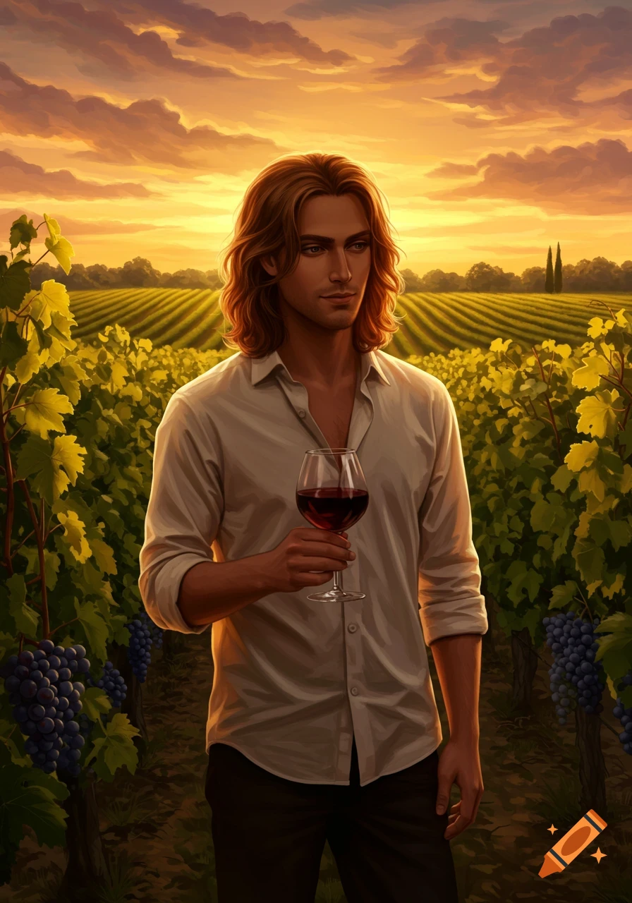 A man with long brown hair in a white shirt holds a glass of red wine in a vineyard at sunset, digital art style.