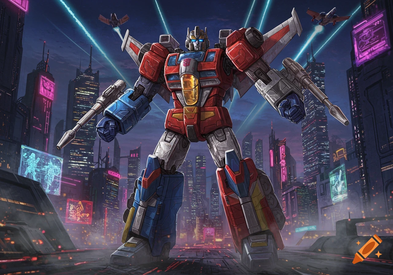A large red, blue, and white Superion Transformer stands in a futuristic city at dusk, with glowing neon buildings and flying jets.