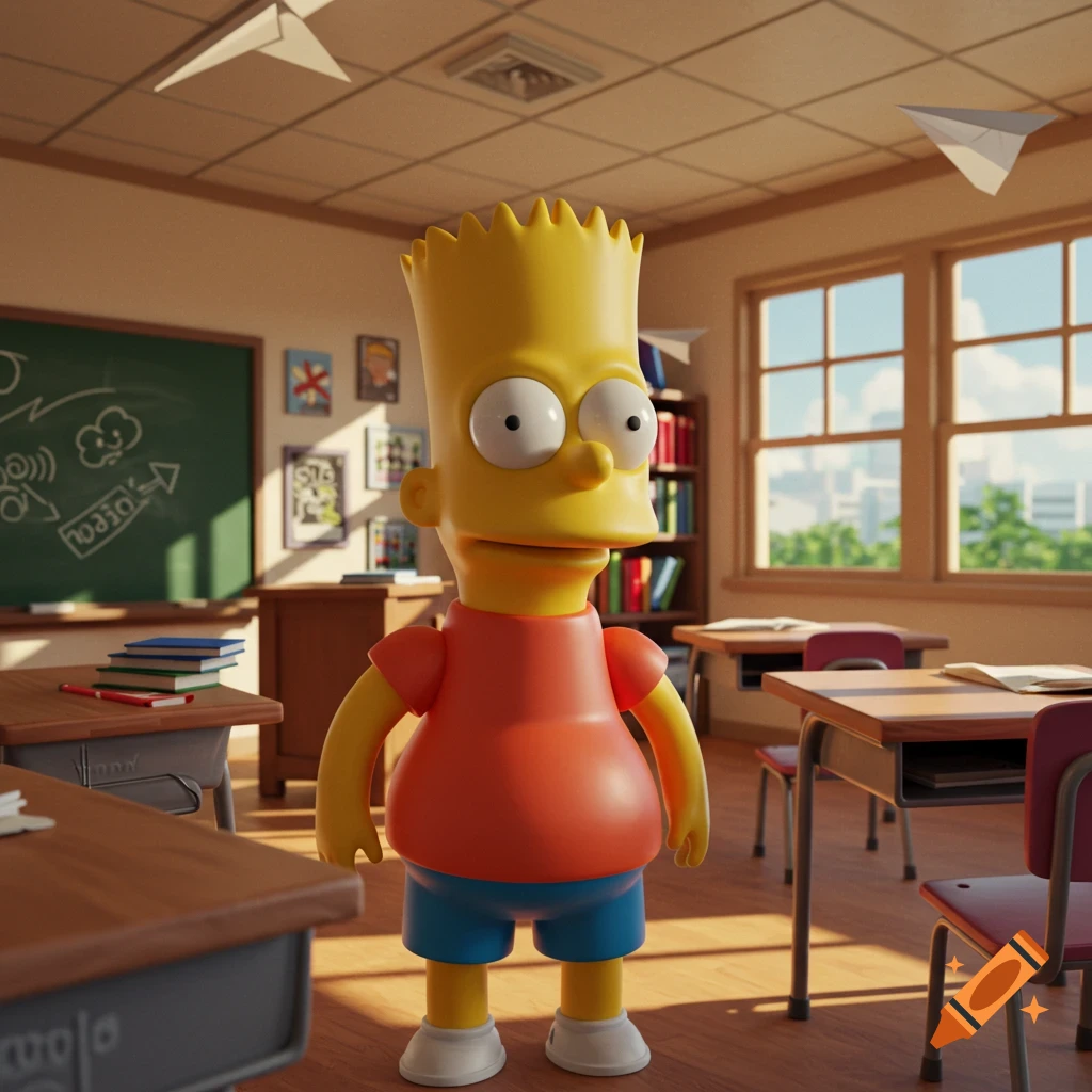 3D cartoon of a character resembling Bart Simpson in an orange shirt and blue shorts standing in a classroom with paper airplanes.