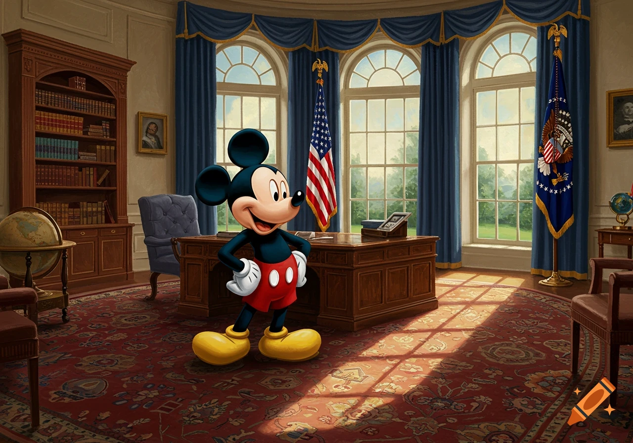 Mickey Mouse stands in the Oval Office, smiling with hands on hips, in a cartoon style.