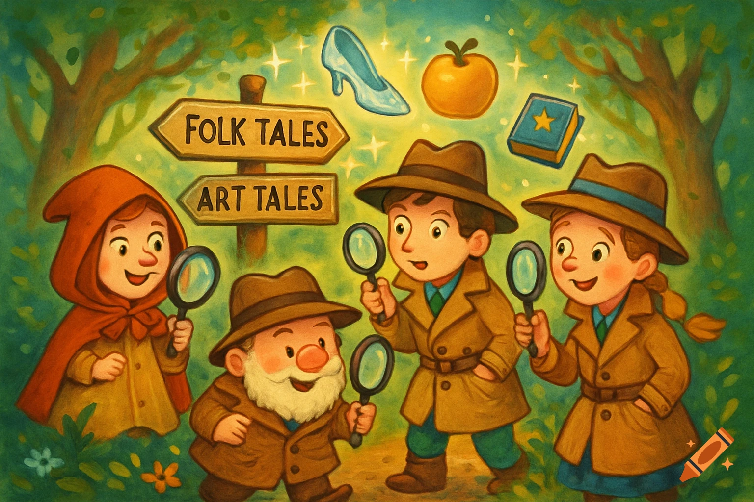 Colorful children's illustration of fairy tale detectives with magnifying glasses near signs for 'Folk Tales' and 'Art Tales' in a forest.