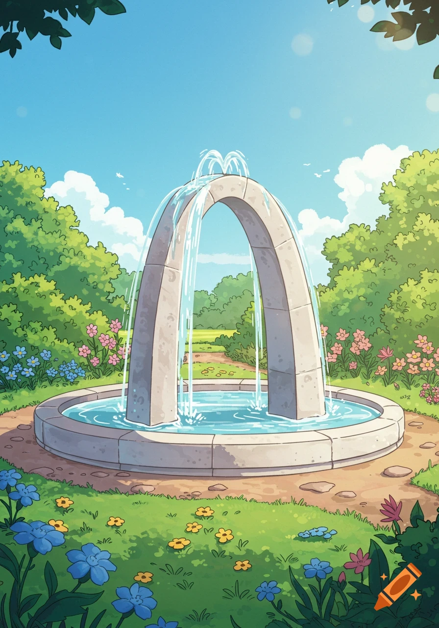 A cartoon arched fountain with water flowing in a vibrant park surrounded by colorful flowers, green trees, and a blue sky.