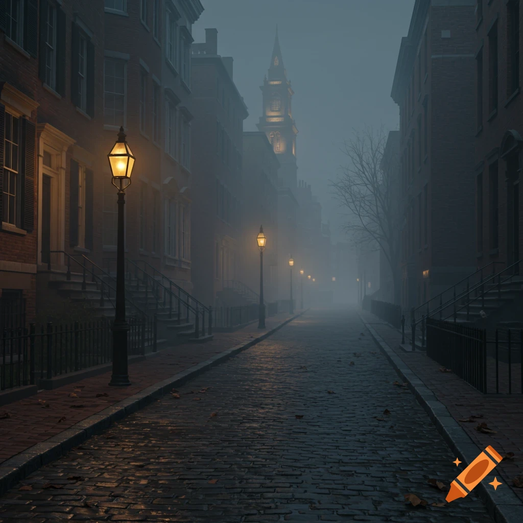 A gloomy, foggy cobblestone street lined with brick buildings and illuminated by gas lamps, with a distant clock tower.