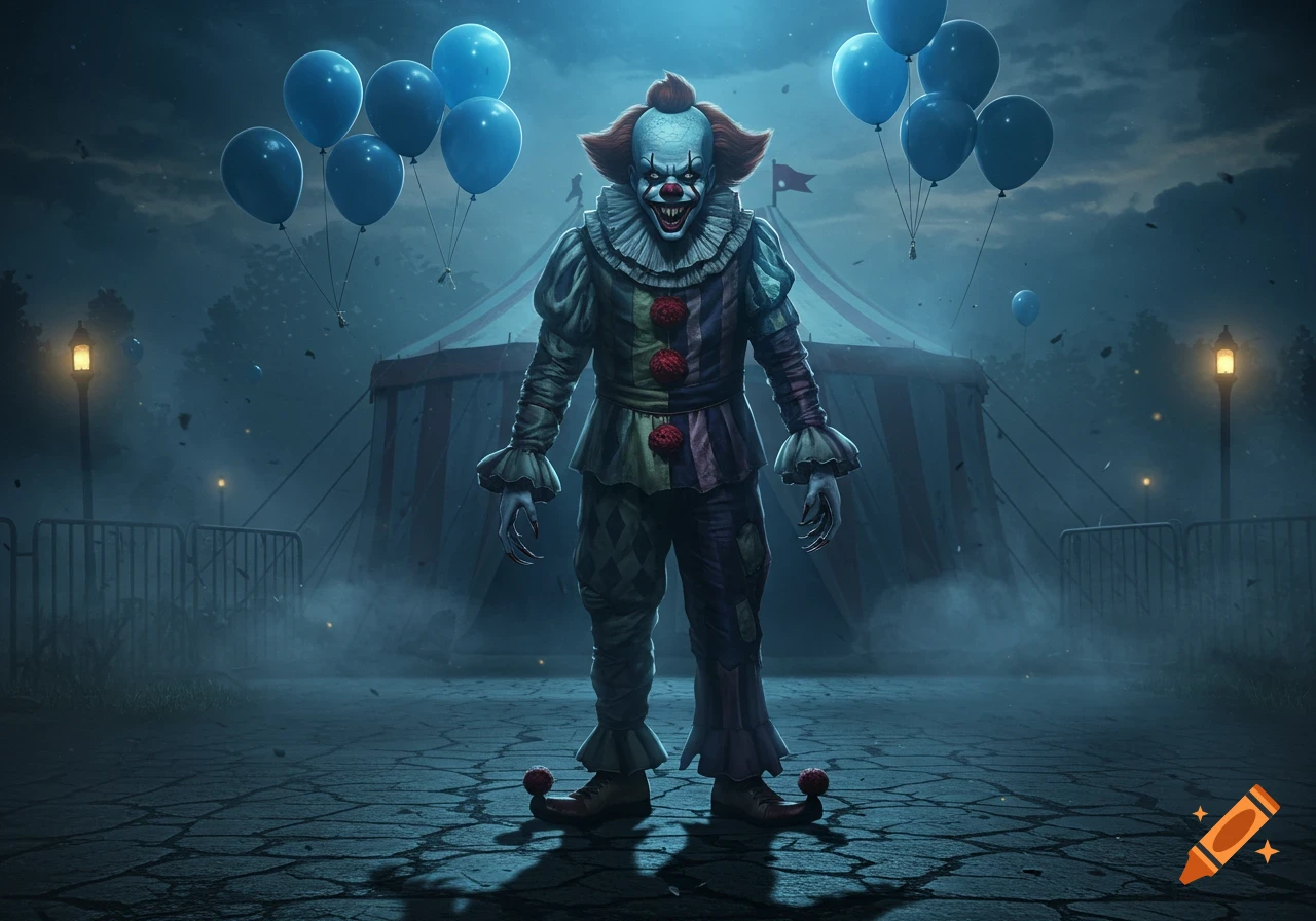 A terrifying clown with sharp teeth and glowing red eyes stands in front of a circus tent, holding blue balloons, amidst fog at night.