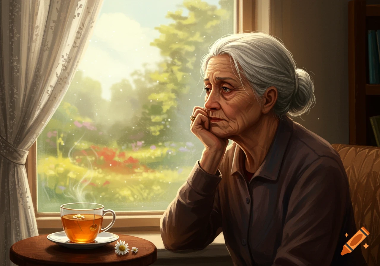 An older woman with gray hair sits by a window, looking out thoughtfully, with a steaming cup of tea nearby, in an illustrative style.