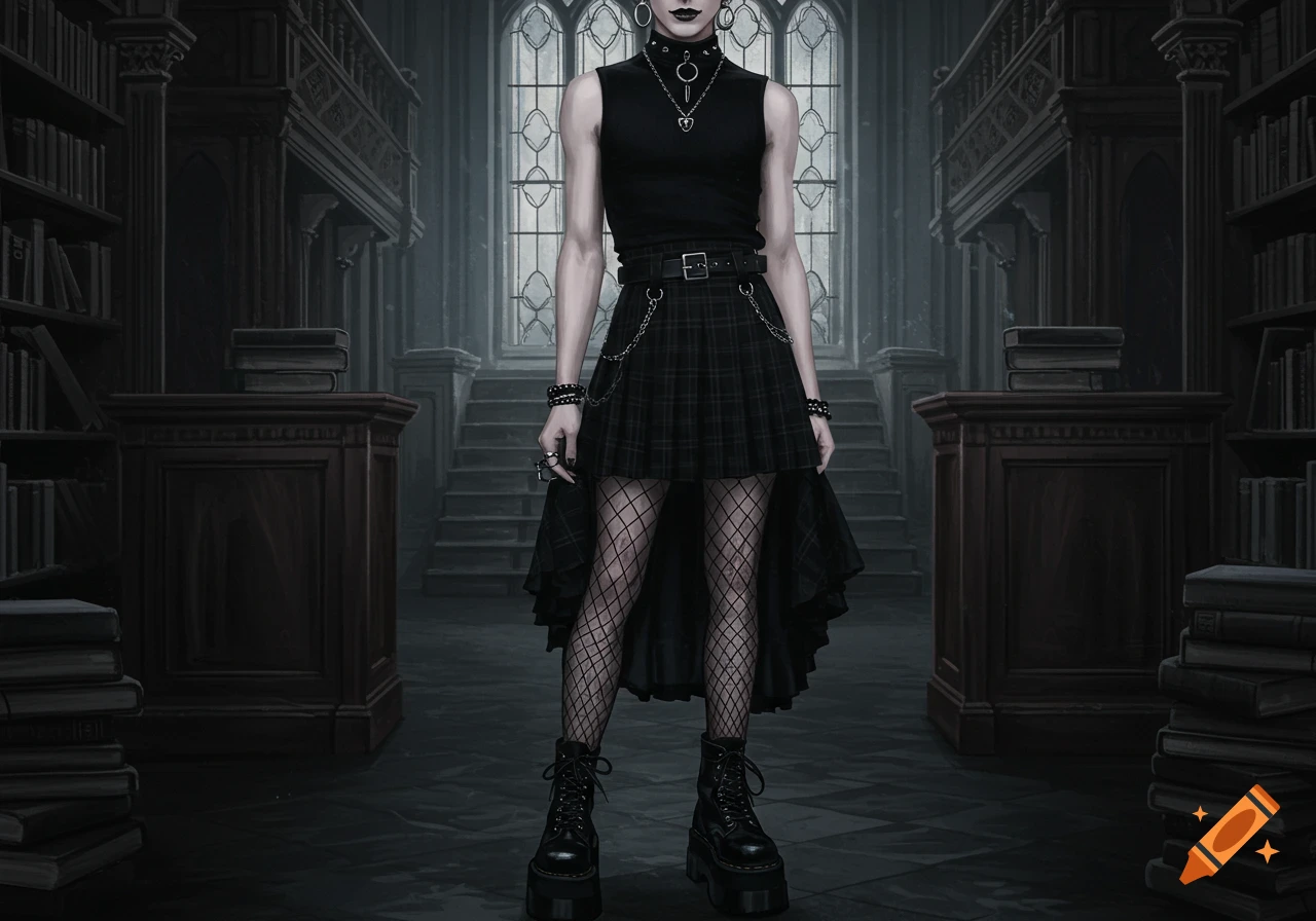 A person in a black goth outfit with a plaid skirt, fishnets, and platform boots stands in a dark library.