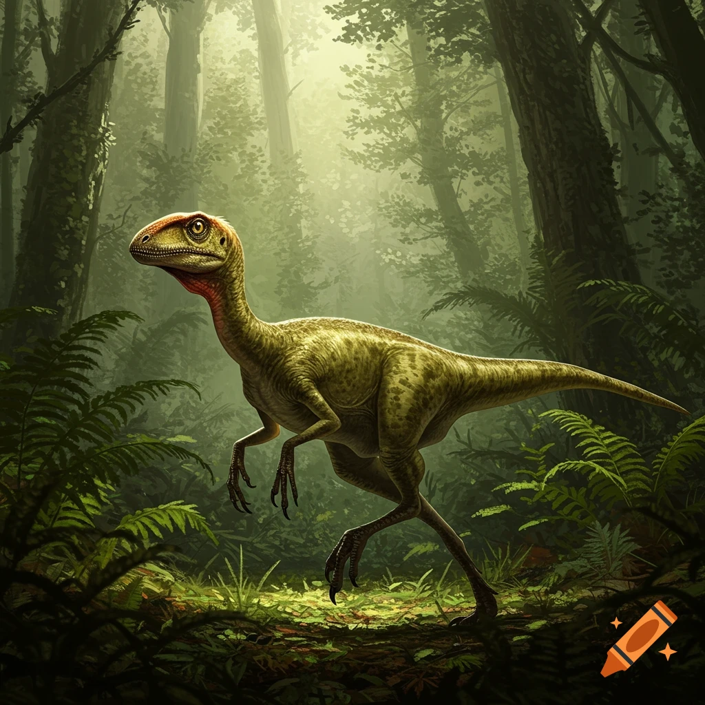 A small, light green compsognathus dinosaur with a red neck stands in a lush, misty forest with tall trees and ferns.