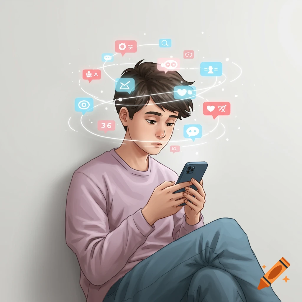 Digital art illustration of a young person looking sadly at a smartphone, surrounded by floating social media notifications.