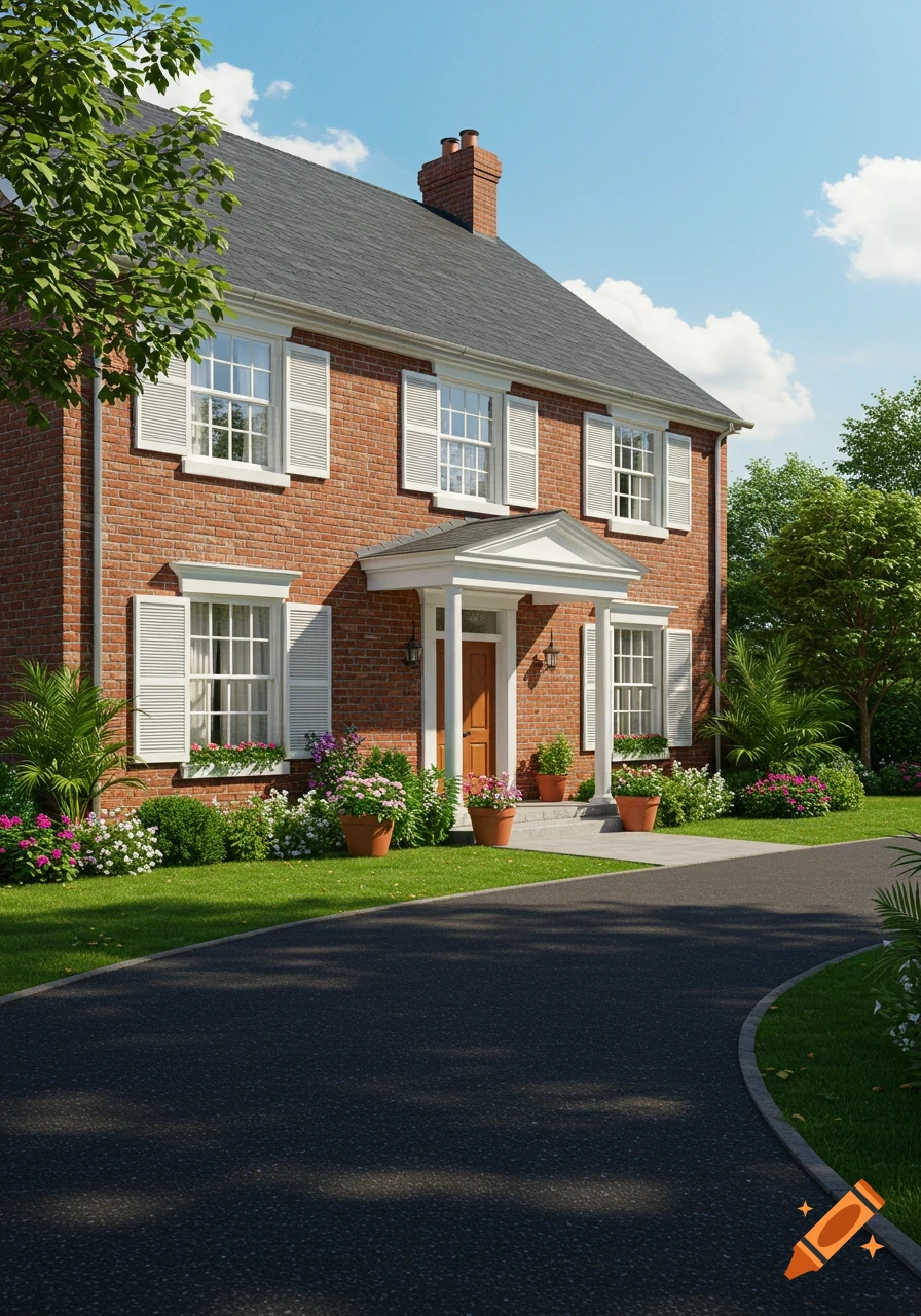 Photorealistic red brick house with white shutters, a concrete porch, potted flowers, green lawn, trees, and a paved driveway under a blue sky.