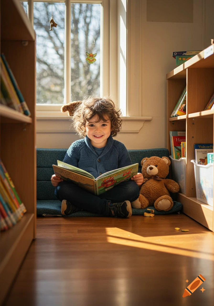 A young child with curly hair smiles while sitting on a cushion, reading a book next to a teddy bear in a sunlit library.