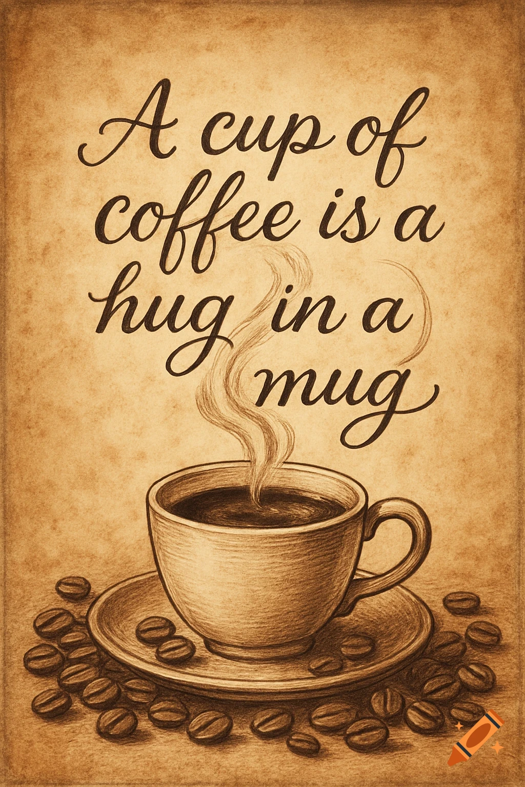 Sepia-toned drawing of a steaming coffee cup with coffee beans and the quote 'A cup of coffee is a hug in a mug' on aged paper.