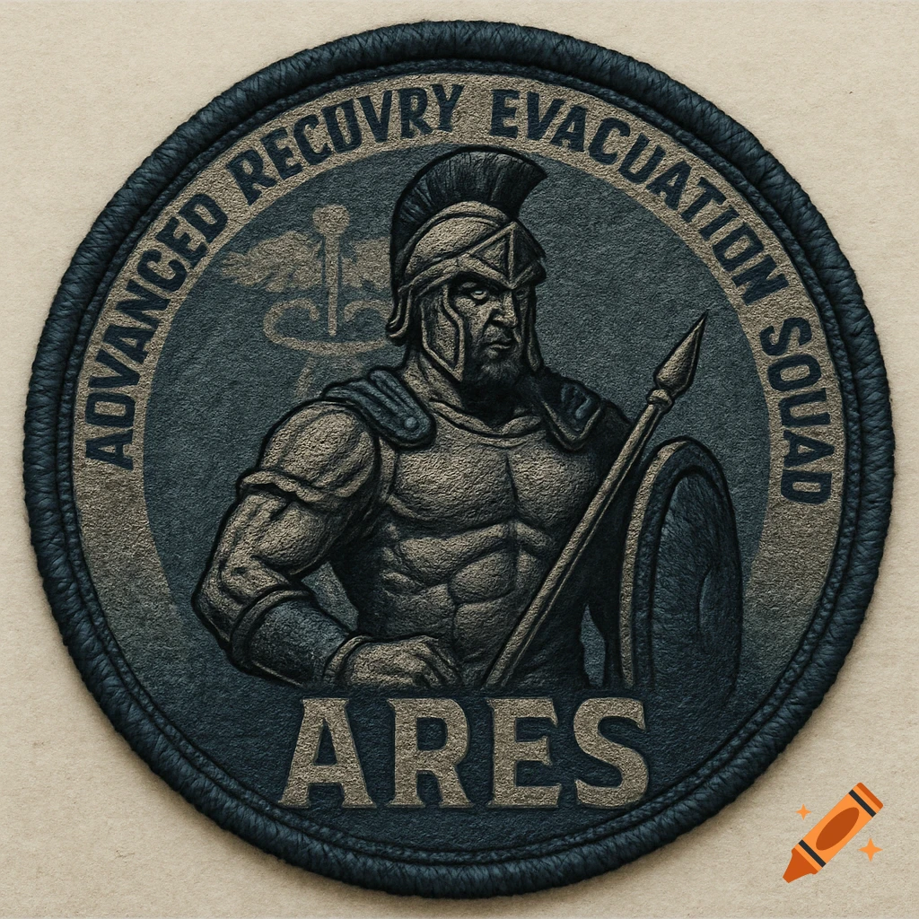 A round, battle-worn military patch in navy blue and grey, featuring a stylized Greek god Ares, text 'ADVANCED RECOVRY EVACUATION SQUAD ARES', and a faded medical symbol.