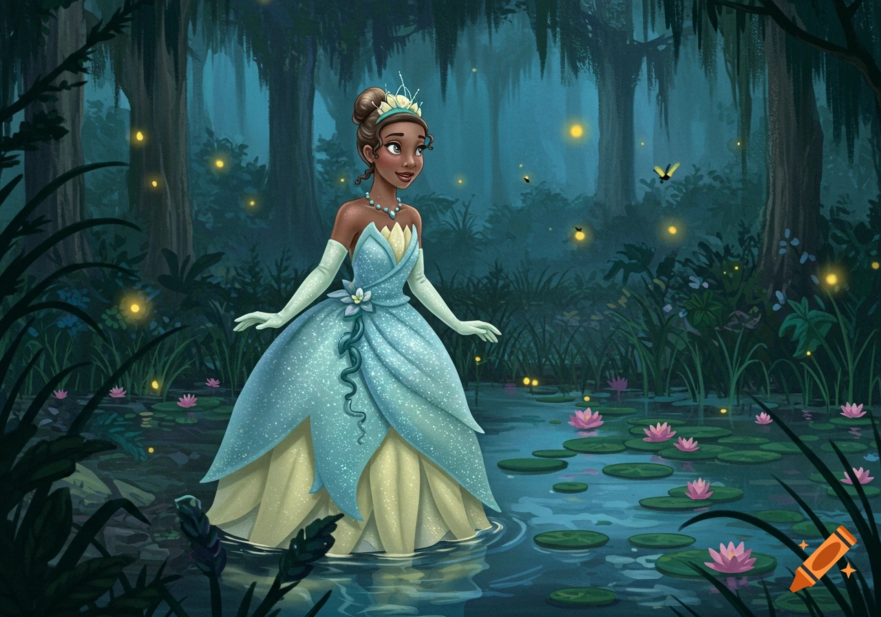Animated Princess Tiana in a sparkling blue gown stands in a dark bayou with glowing fireflies and pink water lilies.