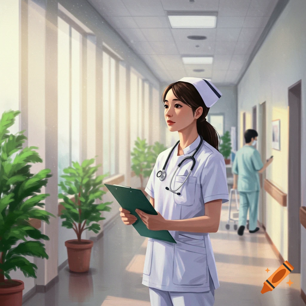 An illustration of a female nurse in a hospital hallway, holding a clipboard.