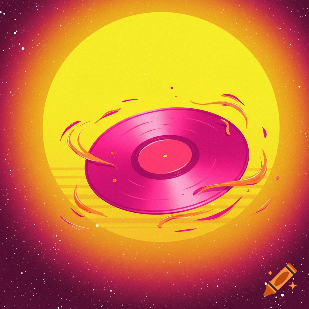 Vibrant pink vinyl record levitating in a retro-style space with a large yellow sun and scattered stars. Stylized illustration.