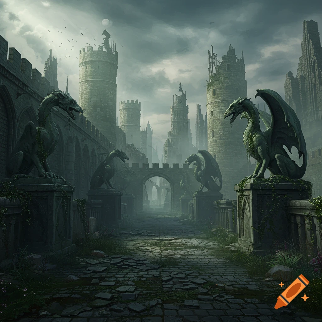 A dark, atmospheric image of a ruined medieval city with tall towers, crumbling walls, and large dragon statues covered in vines.
