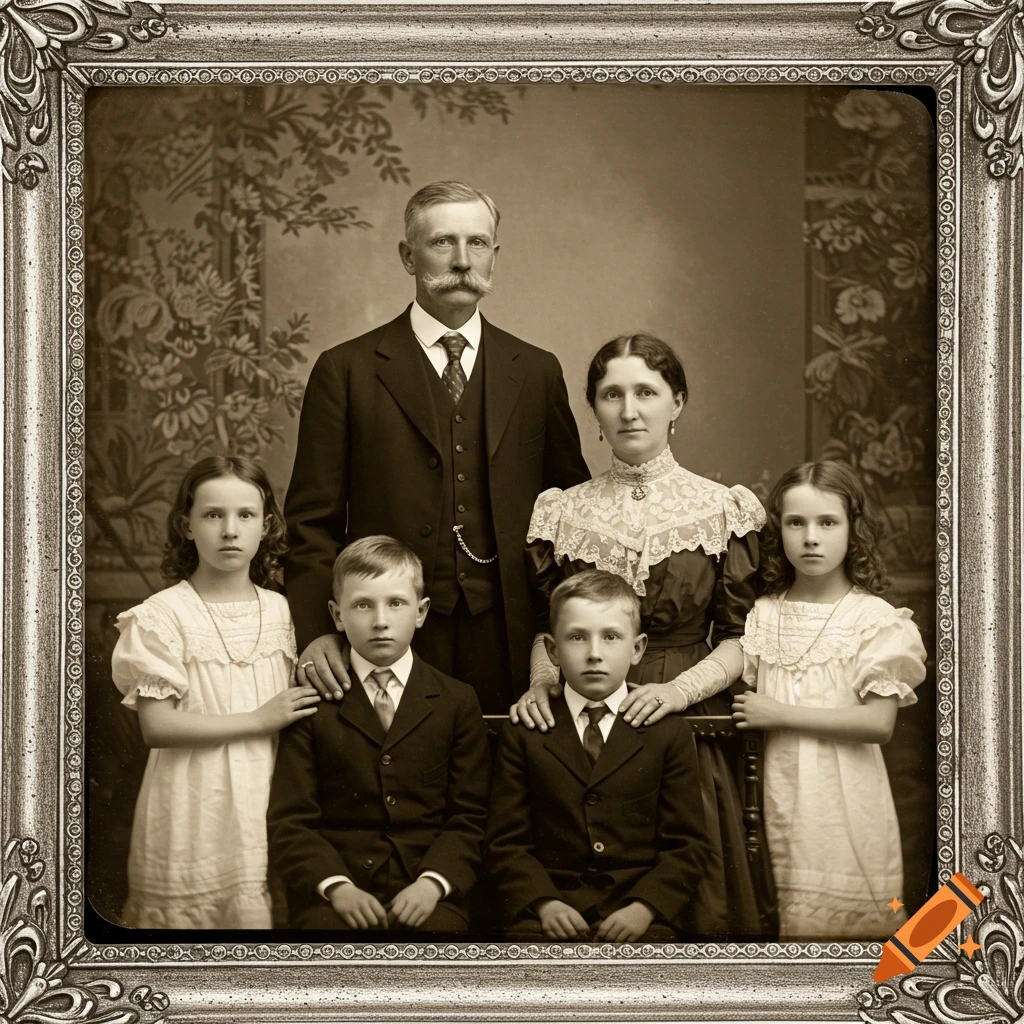 A vintage sepia-toned family portrait in an ornate frame showing a man, woman, and three children in formal attire.