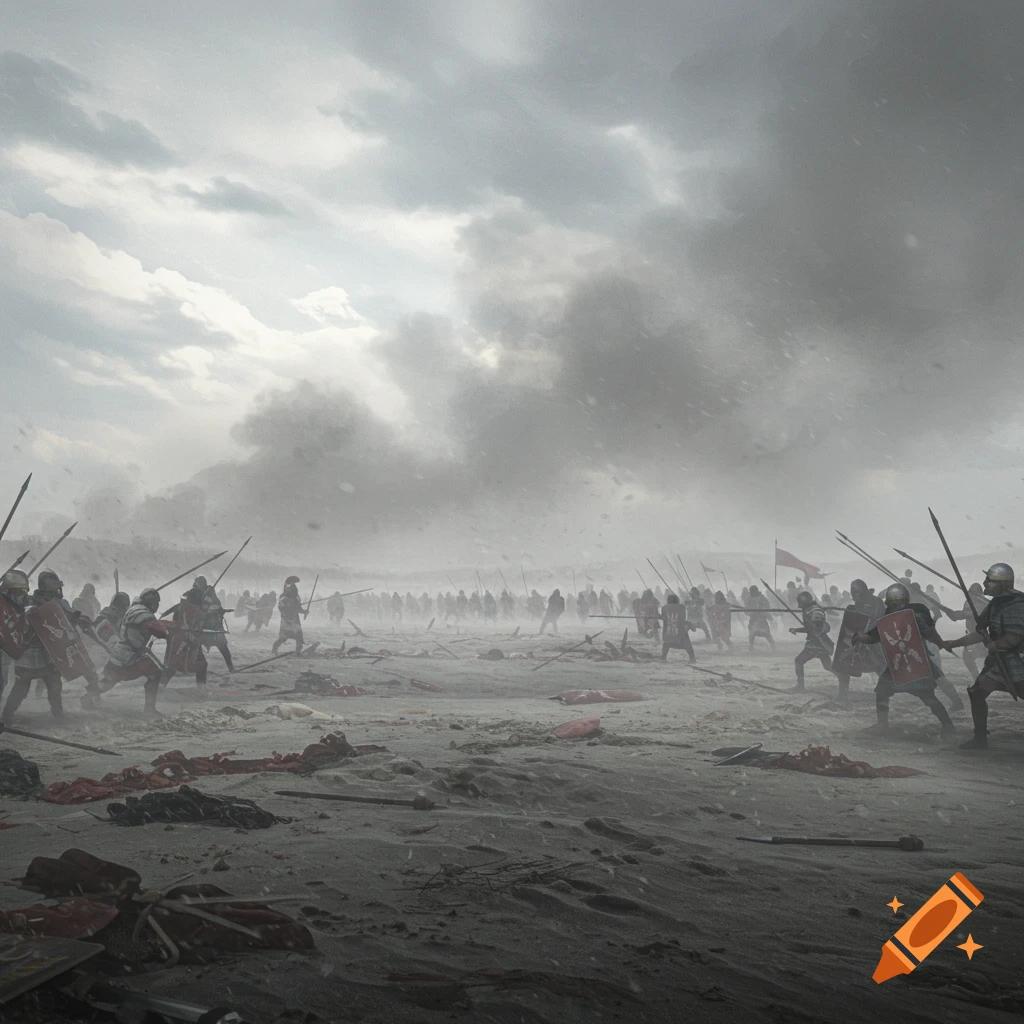 A wide shot of a grey, dusty medieval battlefield with many soldiers fighting, obscured by smoke and fog under a cloudy sky.
