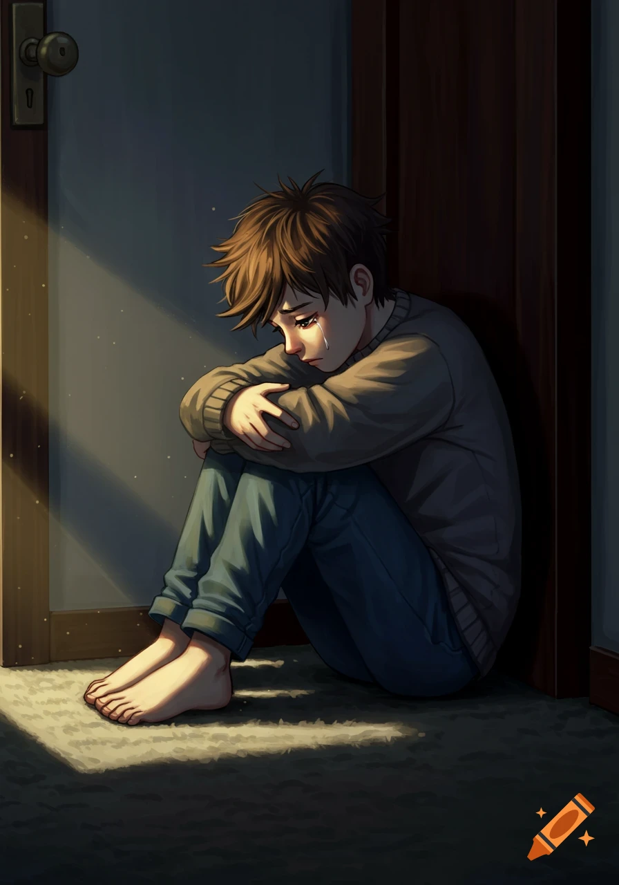A sad anime boy with brown hair sits on a rug, hugging his knees and crying, in a dimly lit room with sunlight by a door.