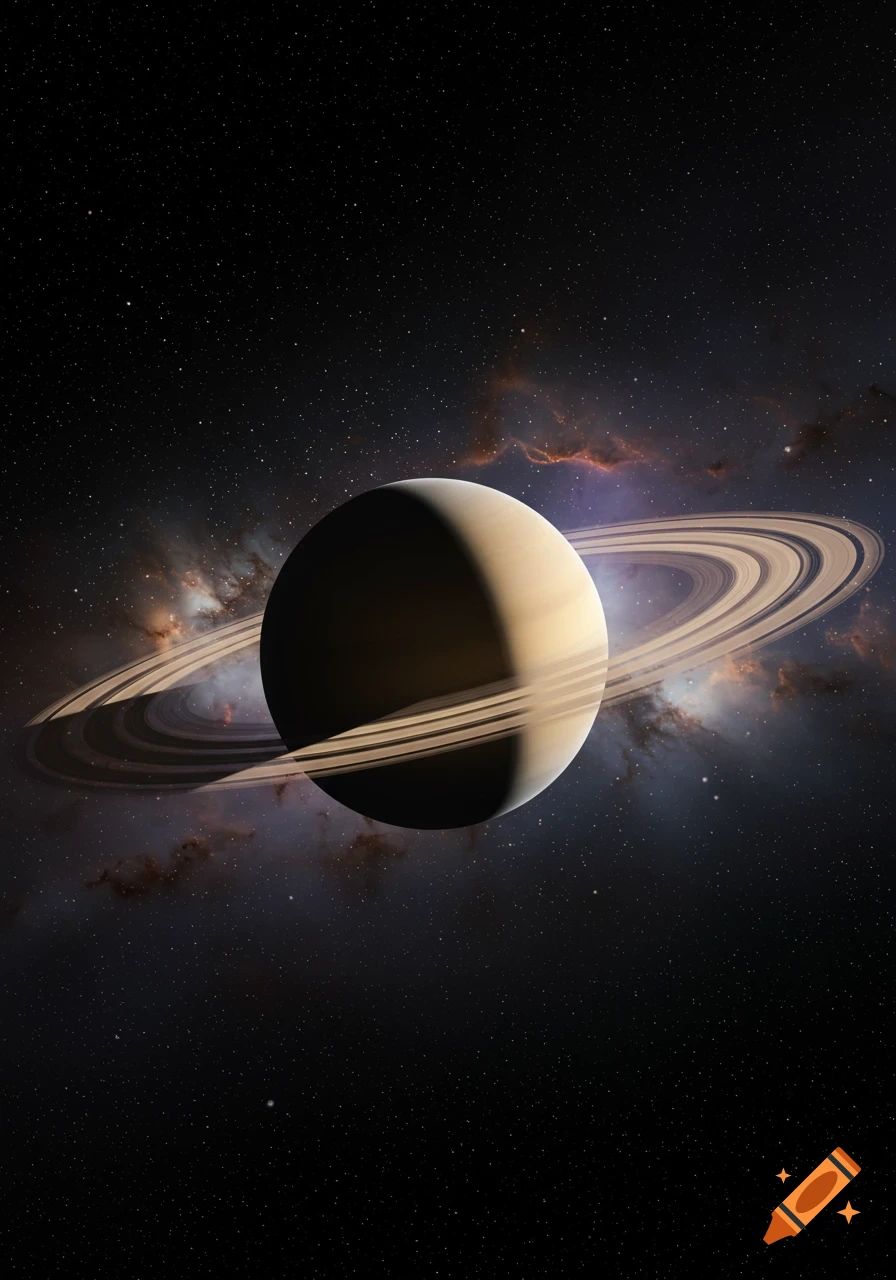The planet Saturn with its rings, half-lit by sunlight, against a dark, star-filled space background with faint nebulae.