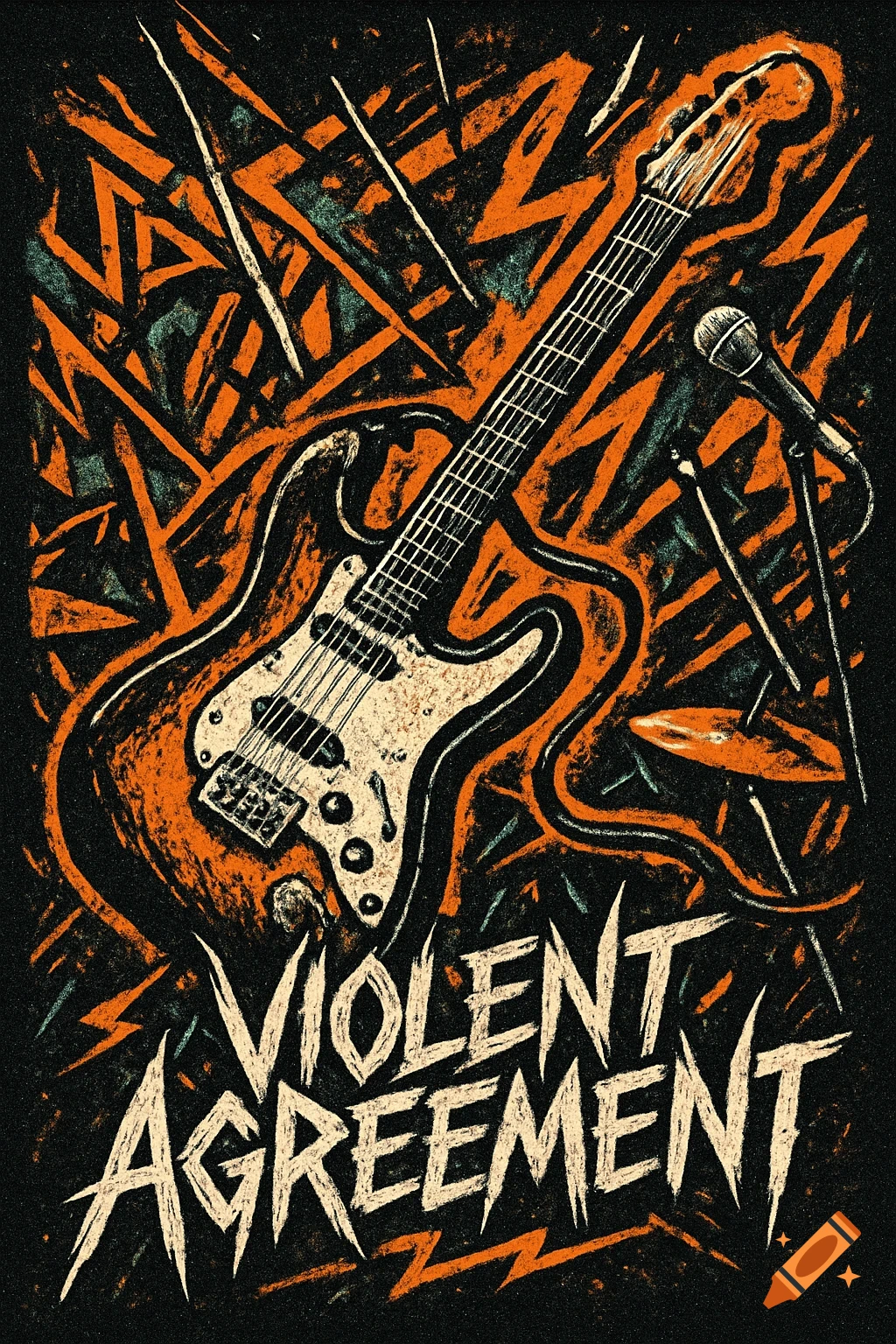 A gritty, stylized illustration of an electric guitar and microphone with the text 'Violent Agreement' on a dark, scratchy background.