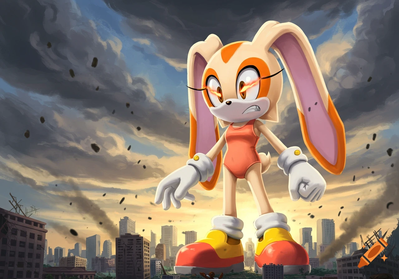 Giant angry Cream the Rabbit in a swimsuit stands over a crumbling city under a stormy sky, with debris falling.