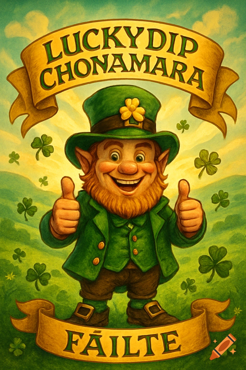 A smiling cartoon leprechaun in a green suit and top hat gives two thumbs up, surrounded by shamrocks, with banners reading 'LUCKYDIP CHONAMARA' and 'FÁILTE'.