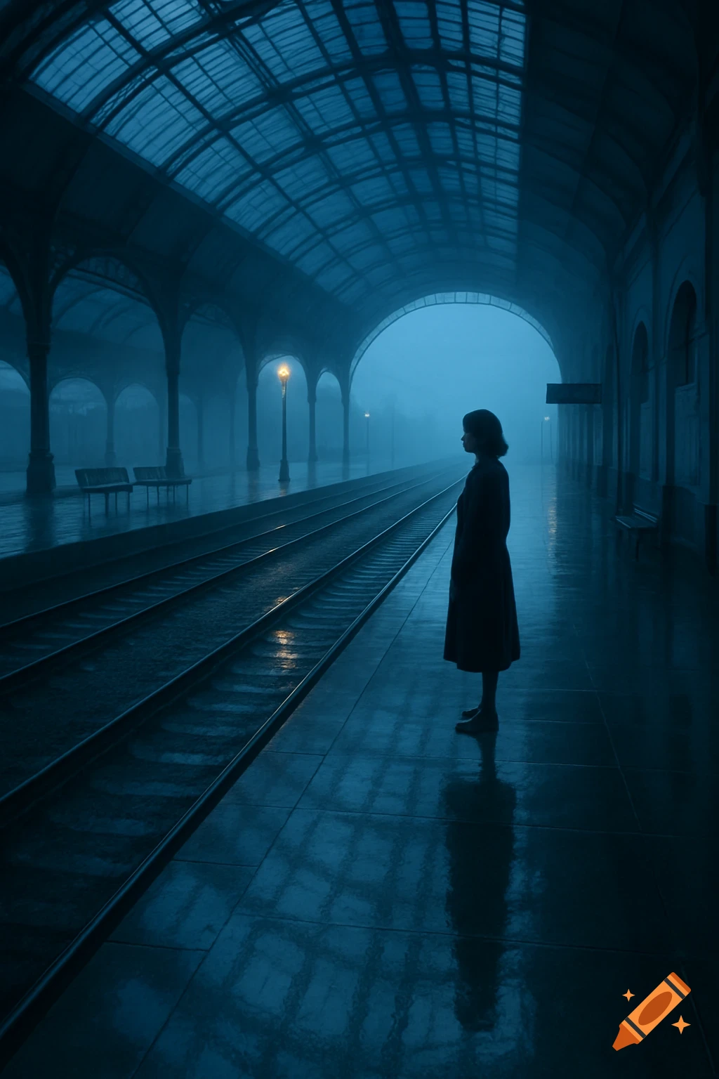 A solitary woman stands on a wet platform in a misty, blue-lit train station at dawn.