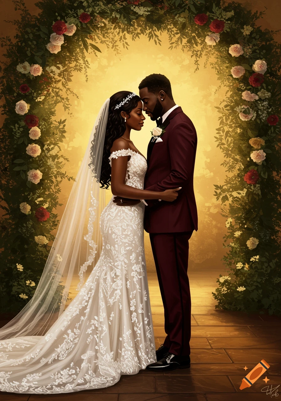 Digital painting of an African American bride and groom embracing under a floral arch with warm, glowing light.