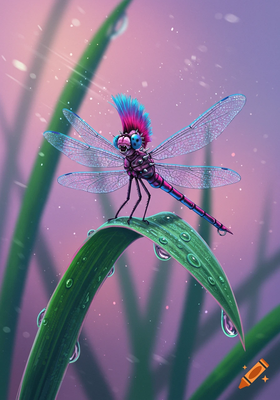 A vibrant, stylized illustration of a punk dragonfly with a pink and blue mohawk and spikes, perched on a dewy green blade of grass against a soft purple background.