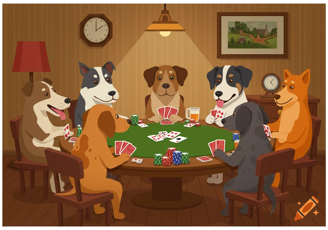 A cartoon illustration of six anthropomorphic dogs sitting around a green poker table, holding cards and surrounded by poker chips, in a cozy room.