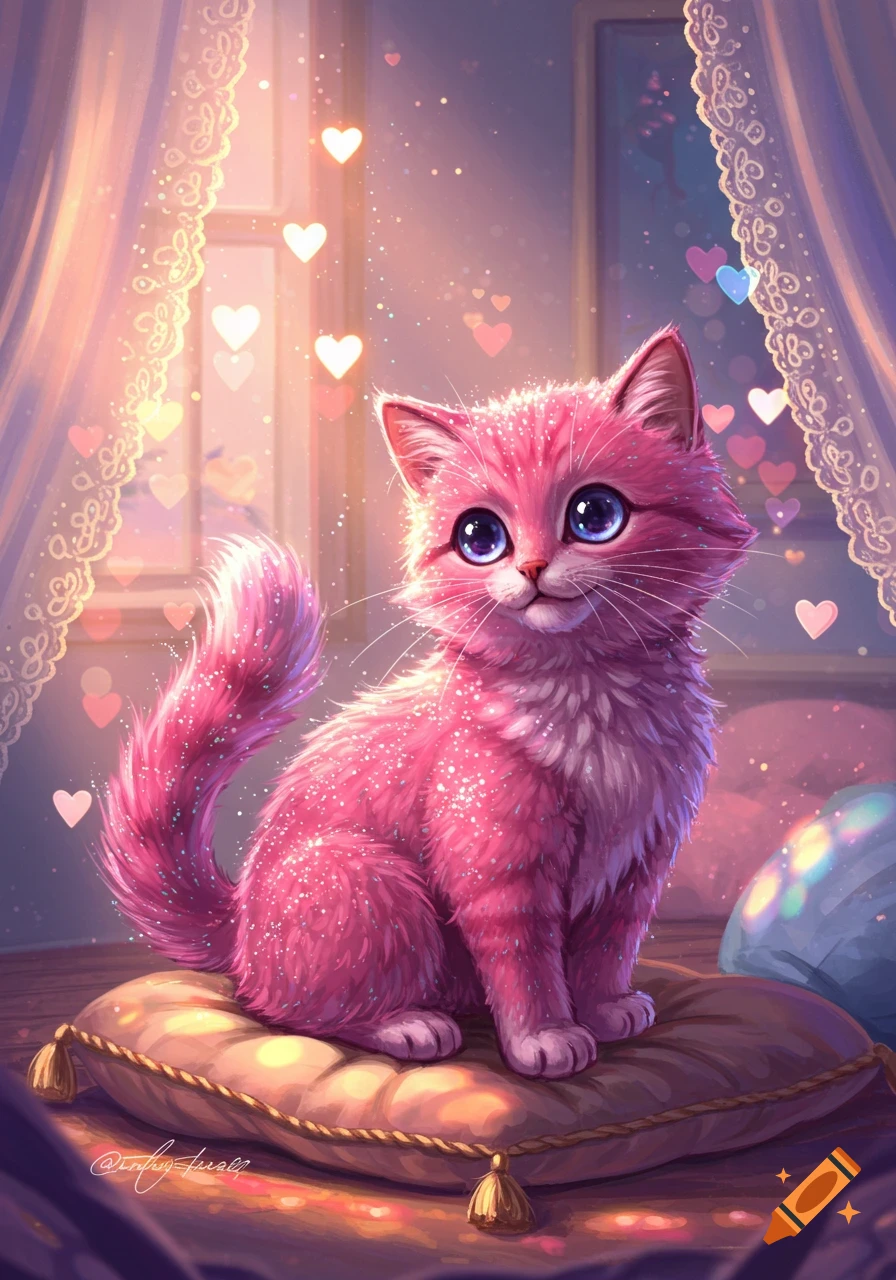 A cute pink glittery cat with large blue eyes sits on a brown pillow in a dreamy room filled with sparkling hearts.