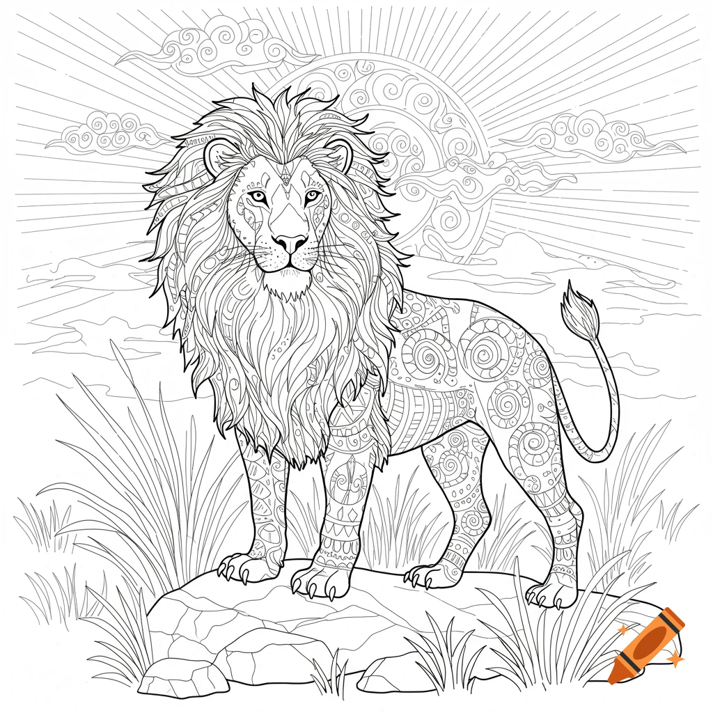A line art coloring page of a stylized lion with intricate patterns, standing on a rock with a radiant sun in the background.