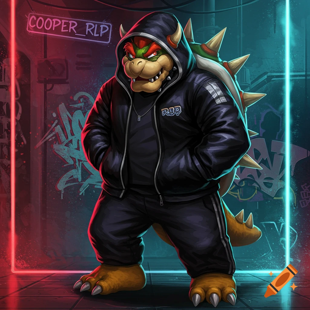 Bowser wearing a black tracksuit and hood, standing in a dark urban alley with neon lights and graffiti.