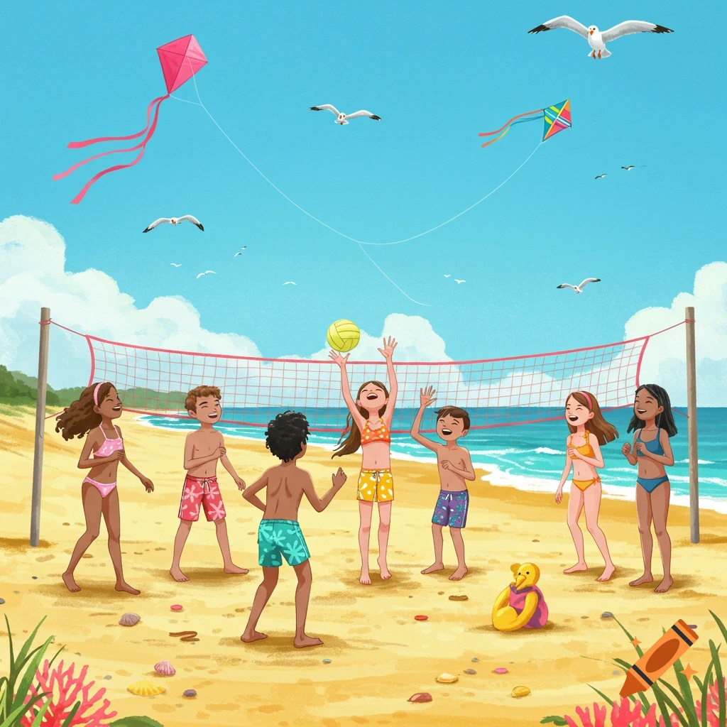 An illustration of diverse children playing volleyball on a sunny beach, with kites and seagulls in the sky.