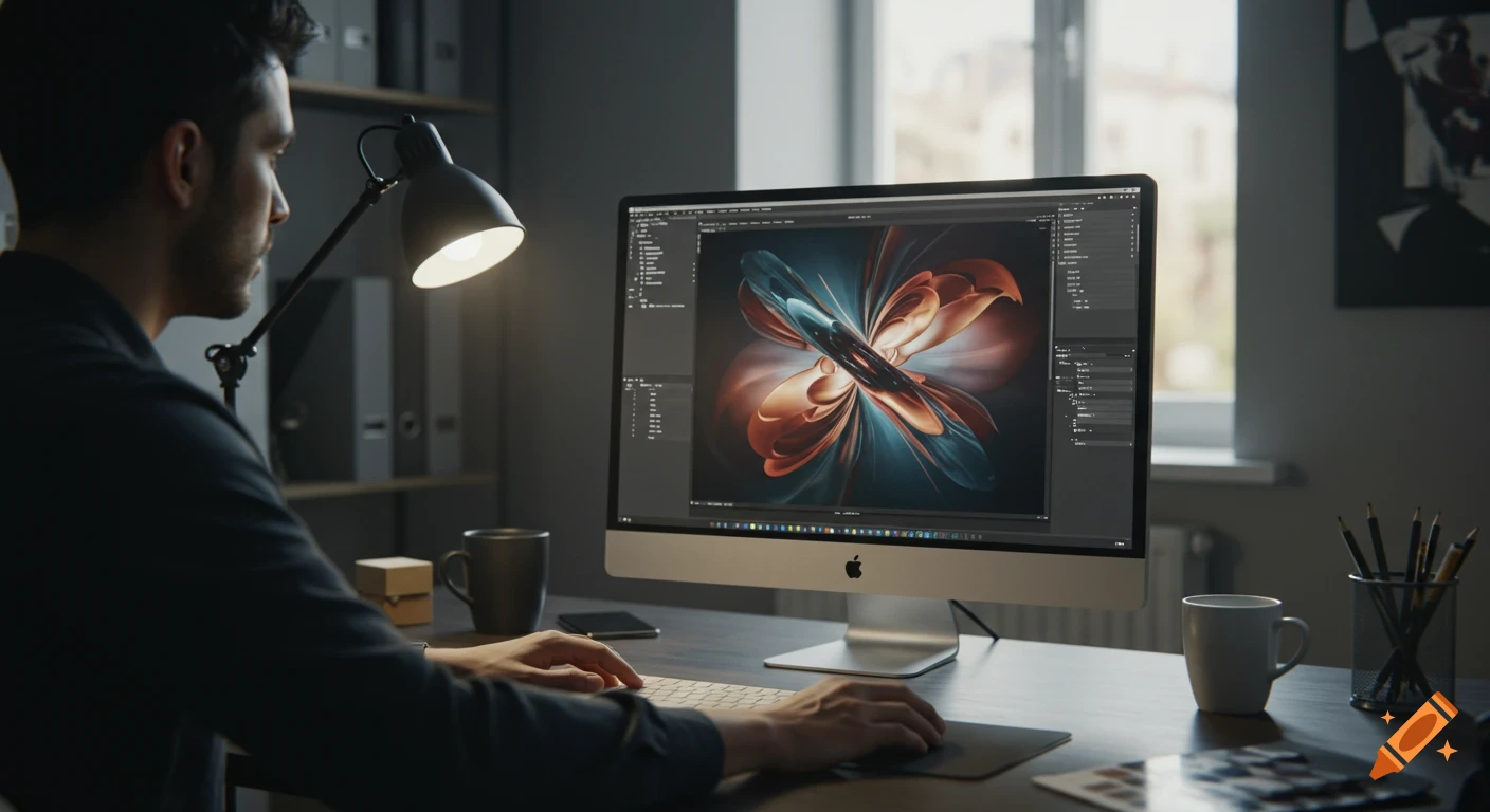 A man works on a desktop computer displaying abstract digital art in a graphic design program, illuminated by a desk lamp in a modern workspace.