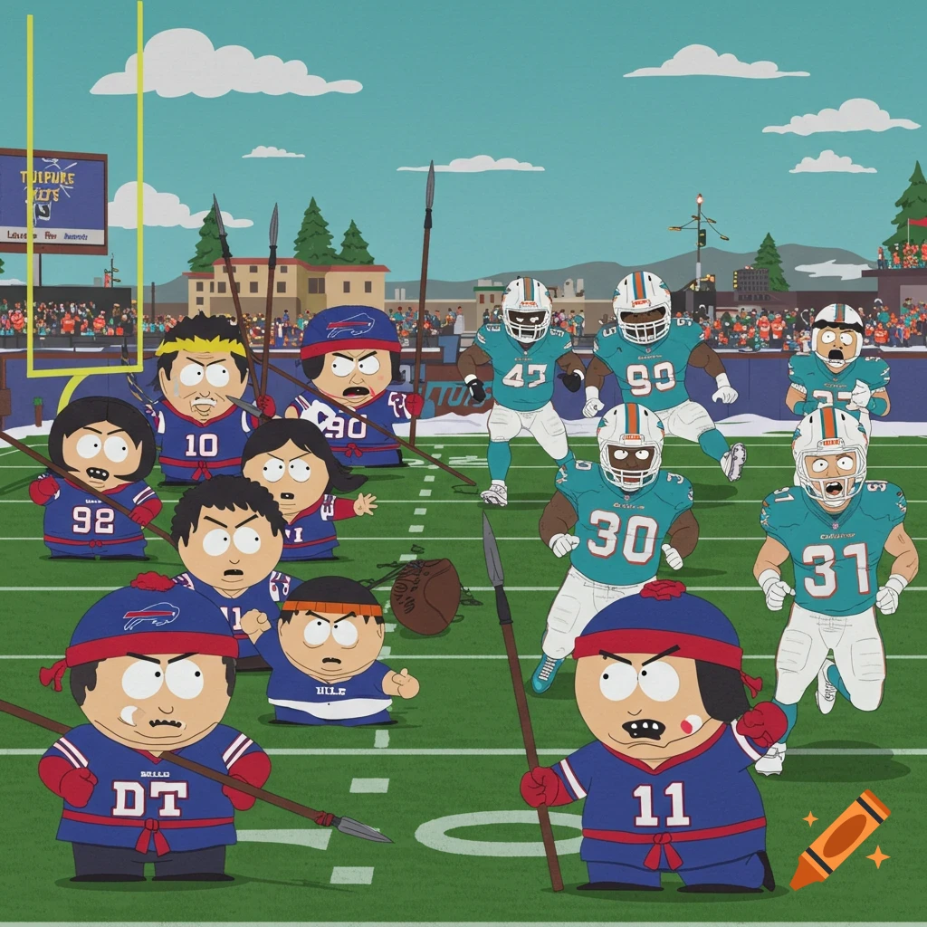 South Park-style cartoon showing characters in Buffalo Bills attire with spears confronting Miami Dolphins football players on a football field.