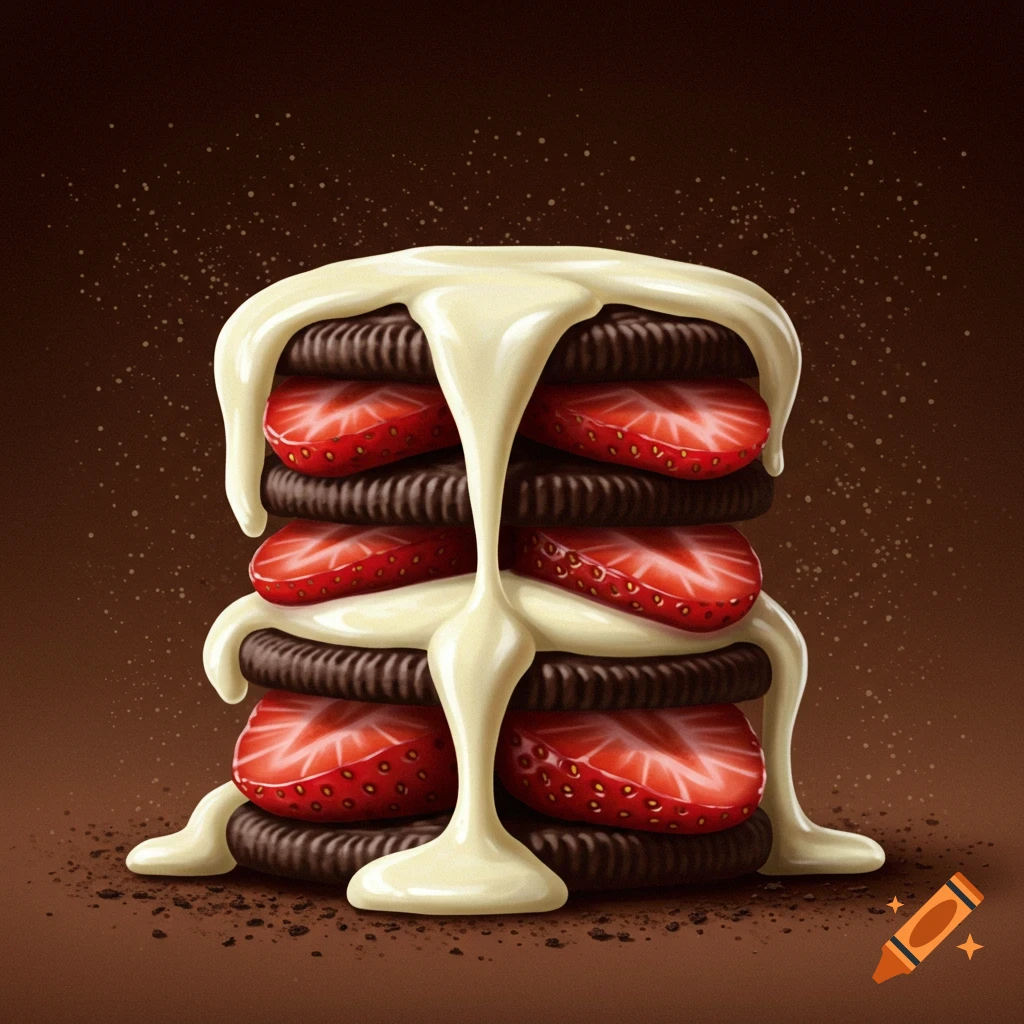 A stack of chocolate cookies layered with sliced strawberries and draped in white frosting, on a brown background.