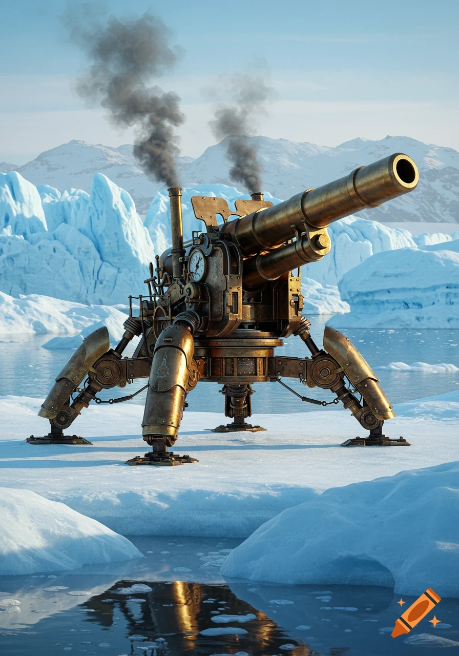 A photorealistic steampunk cannon with mechanical legs and smoking chimneys stands on an icy plain with glaciers and water reflections.