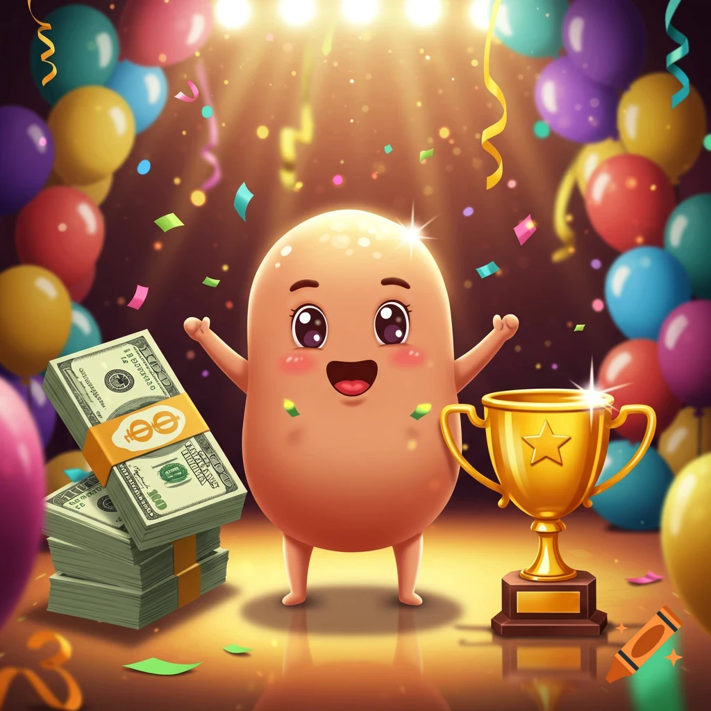 A cute cartoon potato celebrates with stacks of cash and a golden trophy under festive lights and confetti.