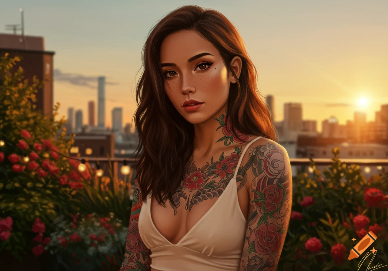 A beautiful woman with long brown hair and extensive floral tattoos, wearing a white top, on a rooftop at sunset with a city skyline. Digital art.