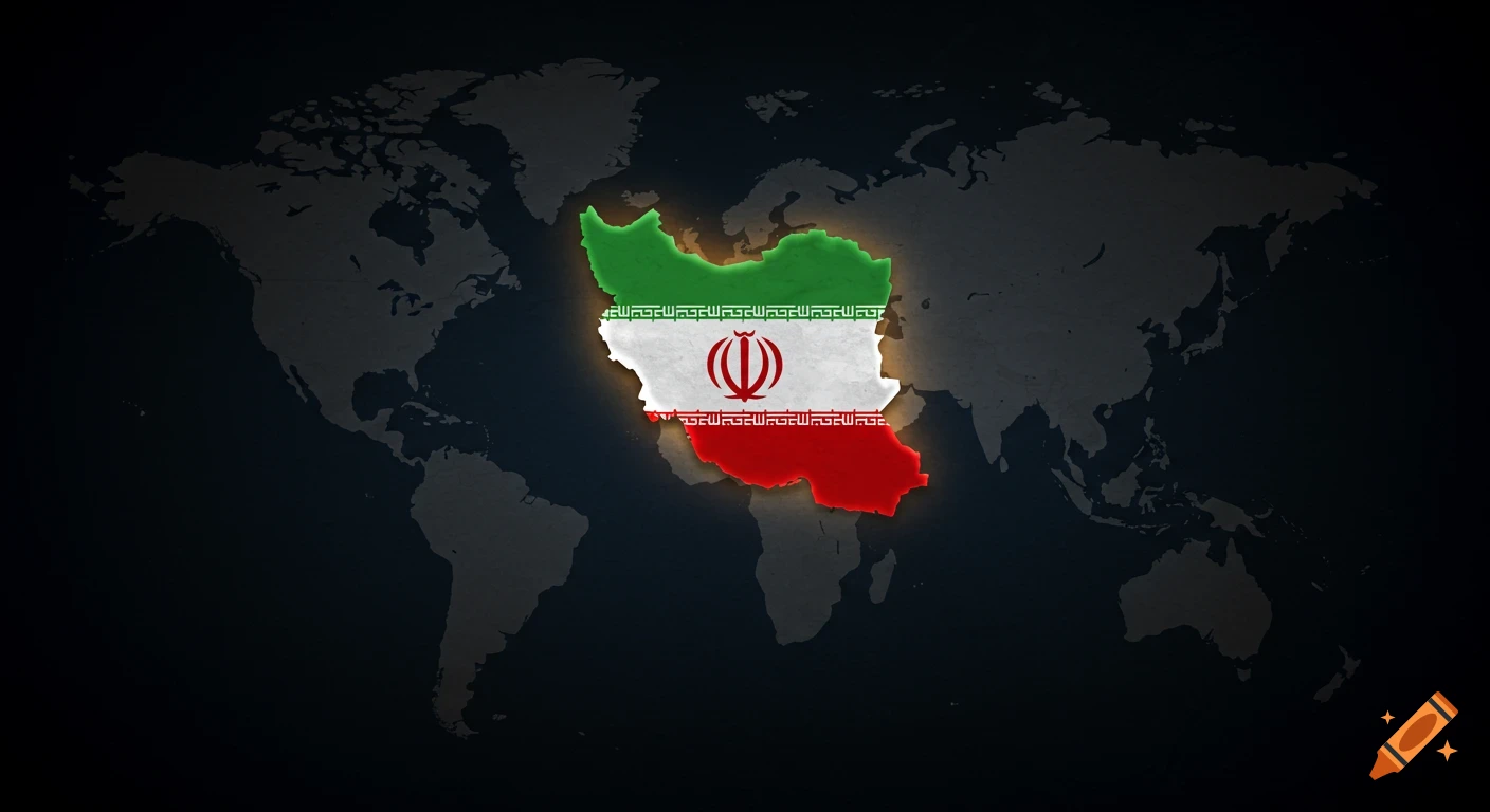 Dark world map highlighting Iran, which is filled with the Iranian flag and has a glowing outline.