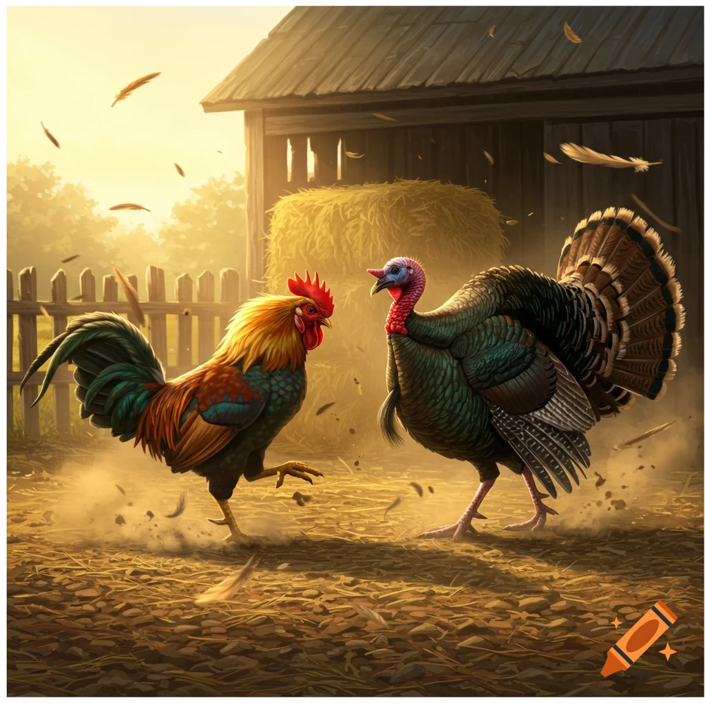 A colorful rooster and a wild turkey face off on a dusty farm ground with a barn and hay bale in the background, photorealistic style.
