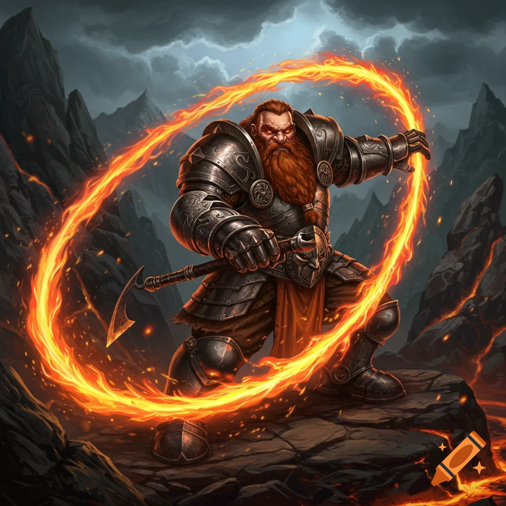 An armored dwarf with a red beard wields a flaming whip in a volcanic mountain landscape, digital art.