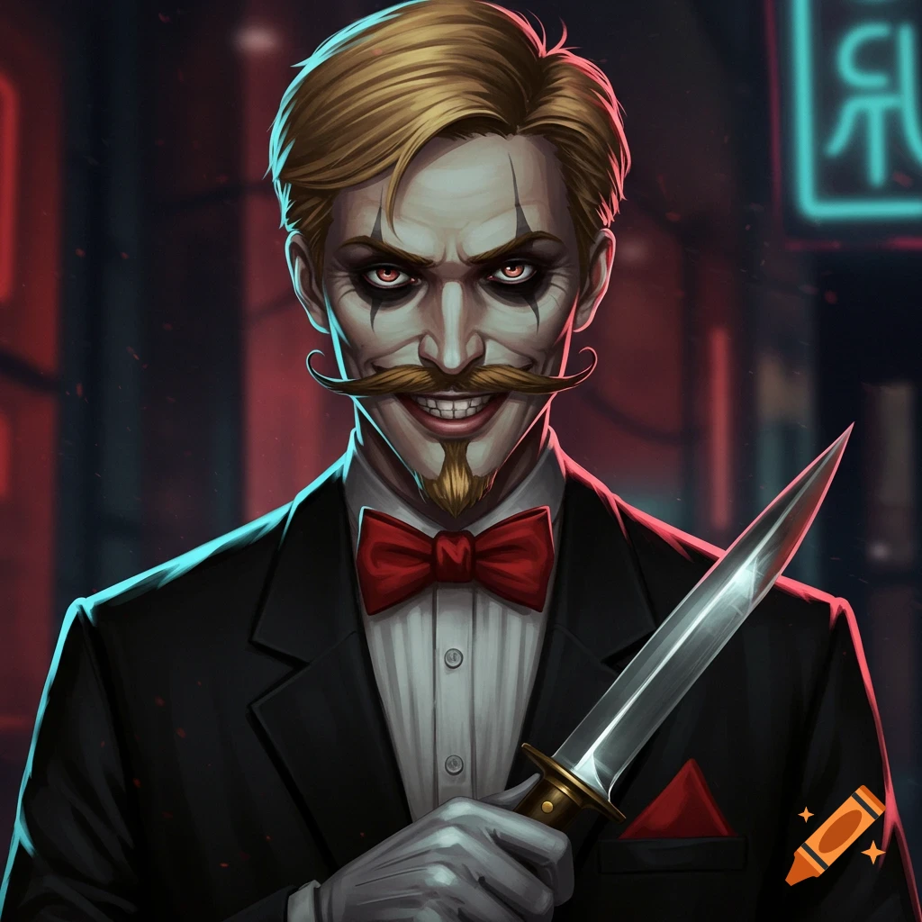Sinister man with clown makeup, red eyes, blonde hair, mustache, and goatee, wearing a black suit and red bow tie, holding a dagger.