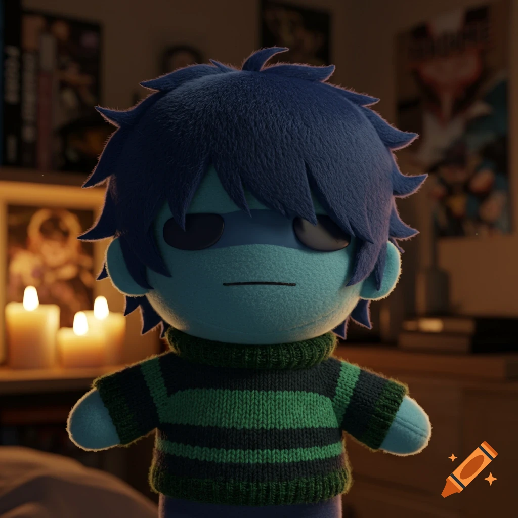 Realistic plushie of a blue-skinned character with dark blue spiky hair, wearing a green and black striped sweater, in a dimly lit room with candles.