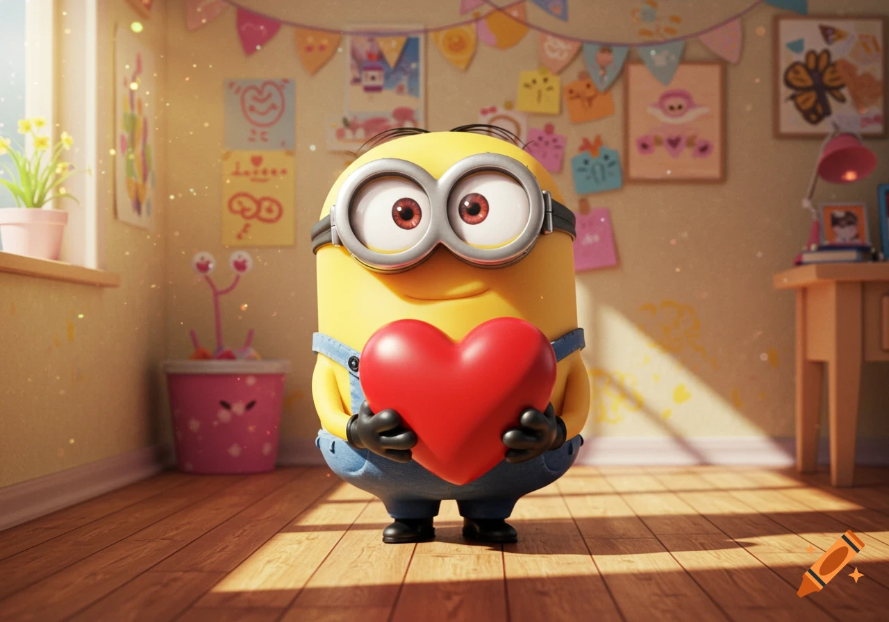 A cute yellow Minion in blue overalls holds a large red heart, standing on a wooden floor in a sunlit room decorated with colorful banners and drawings.