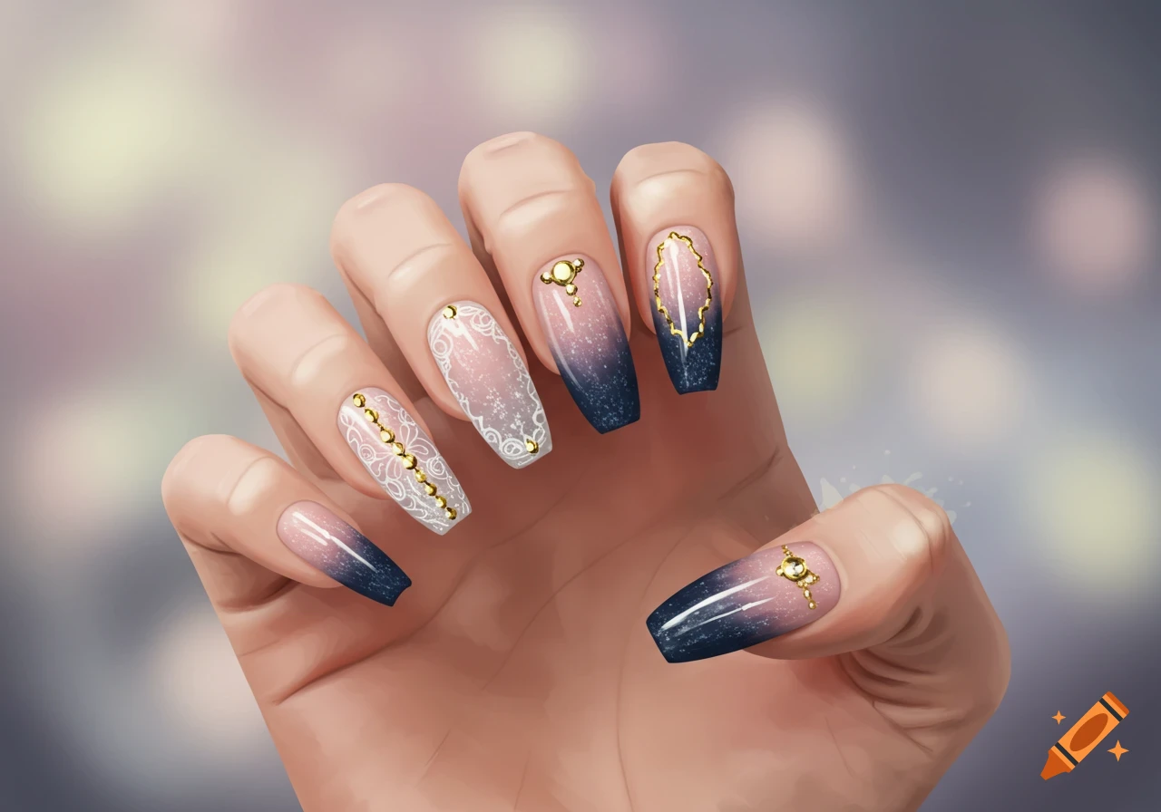 Illustrative image of a hand with long coffin nails featuring a pink-to-dark blue glitter gradient, white lace patterns, and gold embellishments.