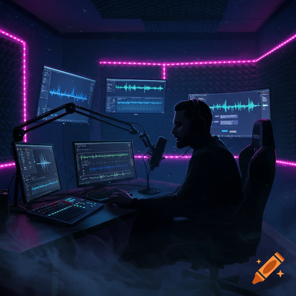A man in a dark, neon-lit recording studio with multiple screens displaying audio waveforms, wearing headphones and speaking into a microphone.